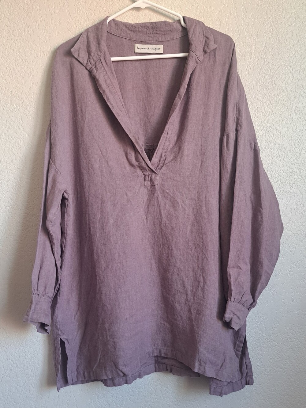 Love & Confuse Lagenlook Purple Sky Linen Tunic Longsleeve Dress Size Large